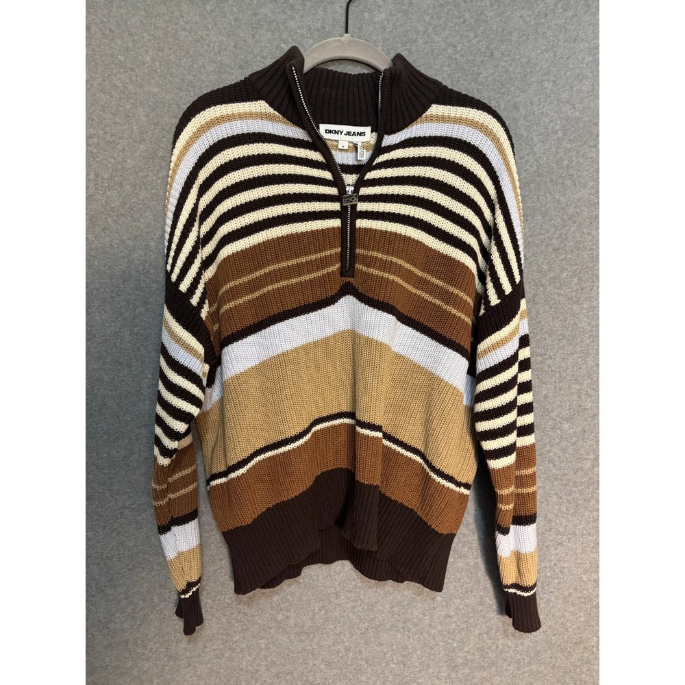 DKNY Jeans Striped Half Zip Sweater Women's Medium‎ Brown Cotton Knit